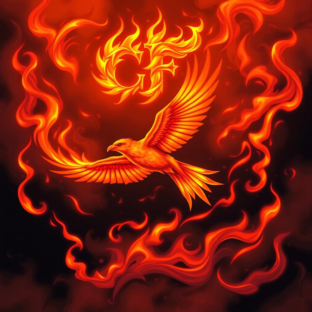 A mesmerizing illustration of a fiery bird soaring through a sky ablaze with flames