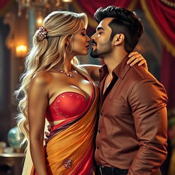 A busty blonde woman gracefully clad in a colorful saree, elegantly draping around her form