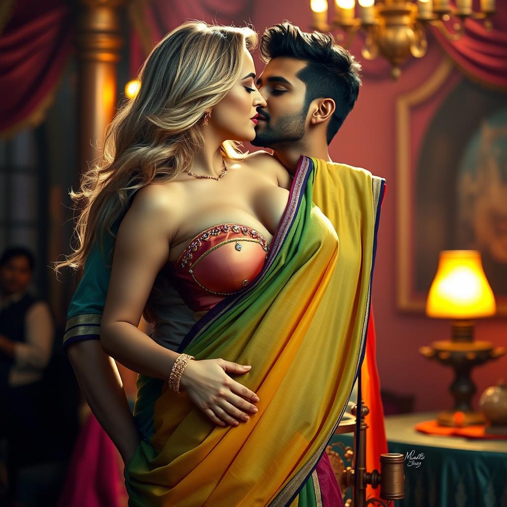 A busty blonde woman gracefully clad in a colorful saree, elegantly draping around her form