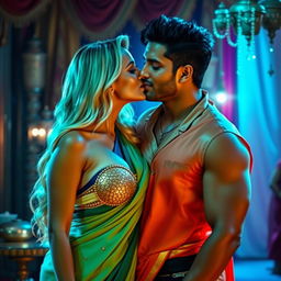 A busty blonde woman gracefully clad in a colorful saree, elegantly draping around her form