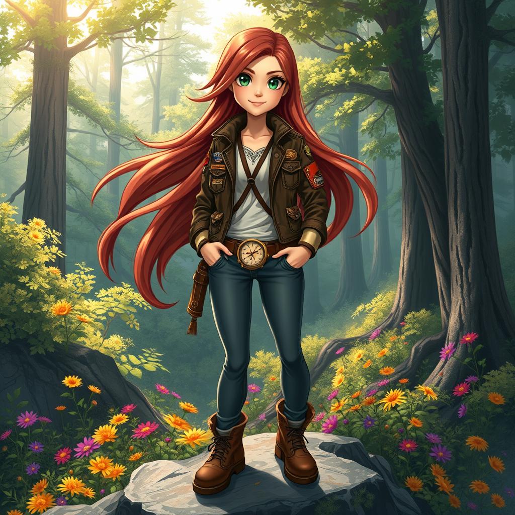 A captivating female character embodying the spirit of adventure, with flowing long chestnut hair that cascades down her back