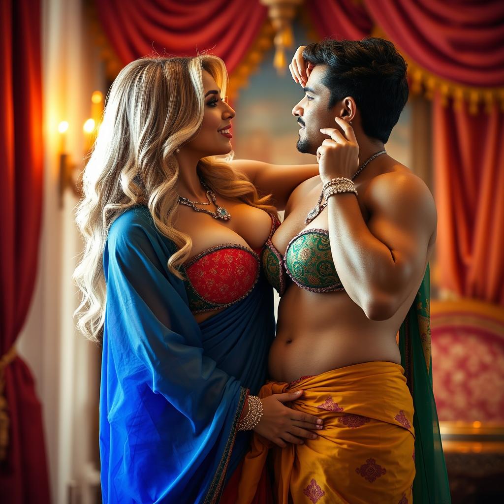 A busty blonde woman adorned in a vibrant saree that elegantly cascades around her