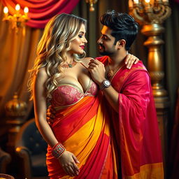 A busty blonde woman adorned in a vibrant saree that elegantly cascades around her
