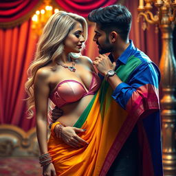 A busty blonde woman adorned in a vibrant saree that elegantly cascades around her