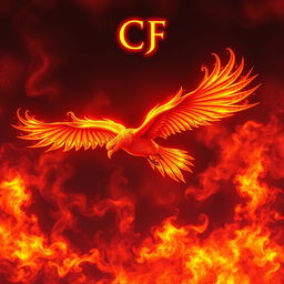 A legendary fiery bird soaring majestically through a sky ablaze with vibrant flames