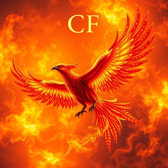 A legendary fiery bird soaring majestically through a sky ablaze with vibrant flames