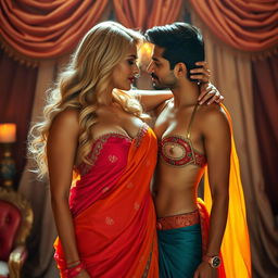 A busty blonde woman elegantly adorned in a vibrant saree that beautifully drapes around her, wearing a stylish bikini blouse that showcases her cleavage and highlights her navel
