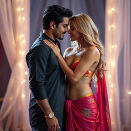 A busty blonde woman elegantly adorned in a vibrant saree that beautifully drapes around her, wearing a stylish bikini blouse that showcases her cleavage and highlights her navel