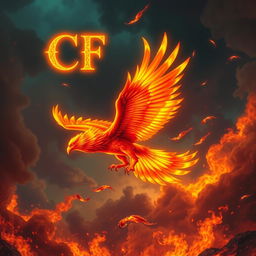 A legendary fiery bird, resplendent in vibrant shades of red, orange, and gold, soars gracefully through a dramatic sky filled with swirling flames and embers