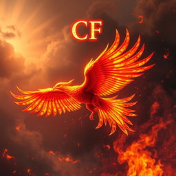 A legendary fiery bird, resplendent in vibrant shades of red, orange, and gold, soars gracefully through a dramatic sky filled with swirling flames and embers