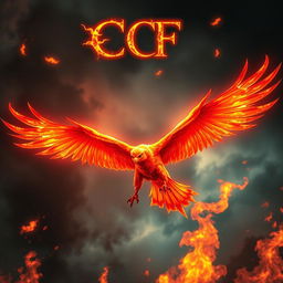 A legendary fiery bird, resplendent in vibrant shades of red, orange, and gold, soars gracefully through a dramatic sky filled with swirling flames and embers