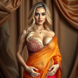 A busty blonde woman wearing a stunning saree that elegantly wraps around her figure