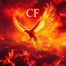 An ethereal and legendary fiery bird soaring majestically through a fiery sky filled with vibrant shades of red, orange, and yellow flames