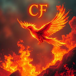 An ethereal and legendary fiery bird soaring majestically through a fiery sky filled with vibrant shades of red, orange, and yellow flames