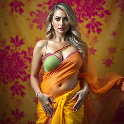 A busty blonde woman gracefully wearing a bright, beautifully draped saree that accentuates her figure