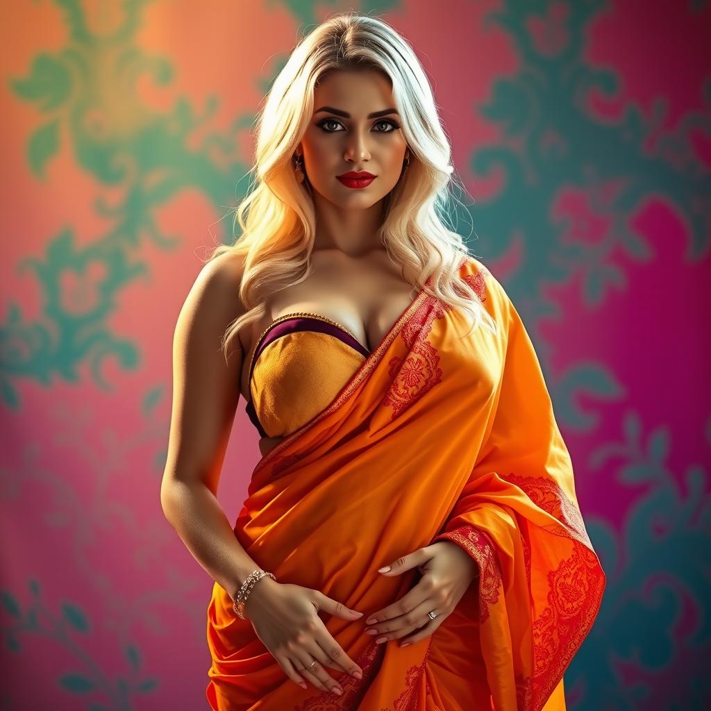 A busty blonde woman gracefully wearing a bright, beautifully draped saree that accentuates her figure