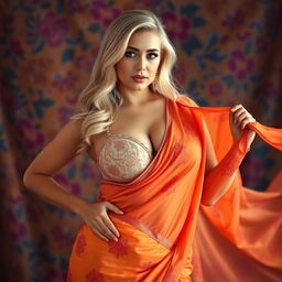 A busty blonde woman gracefully wearing a bright, beautifully draped saree that accentuates her figure