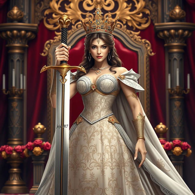 A regal queen standing confidently, wielding a magnificent sword in her hand