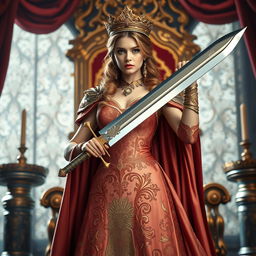 A regal queen standing confidently, wielding a magnificent sword in her hand