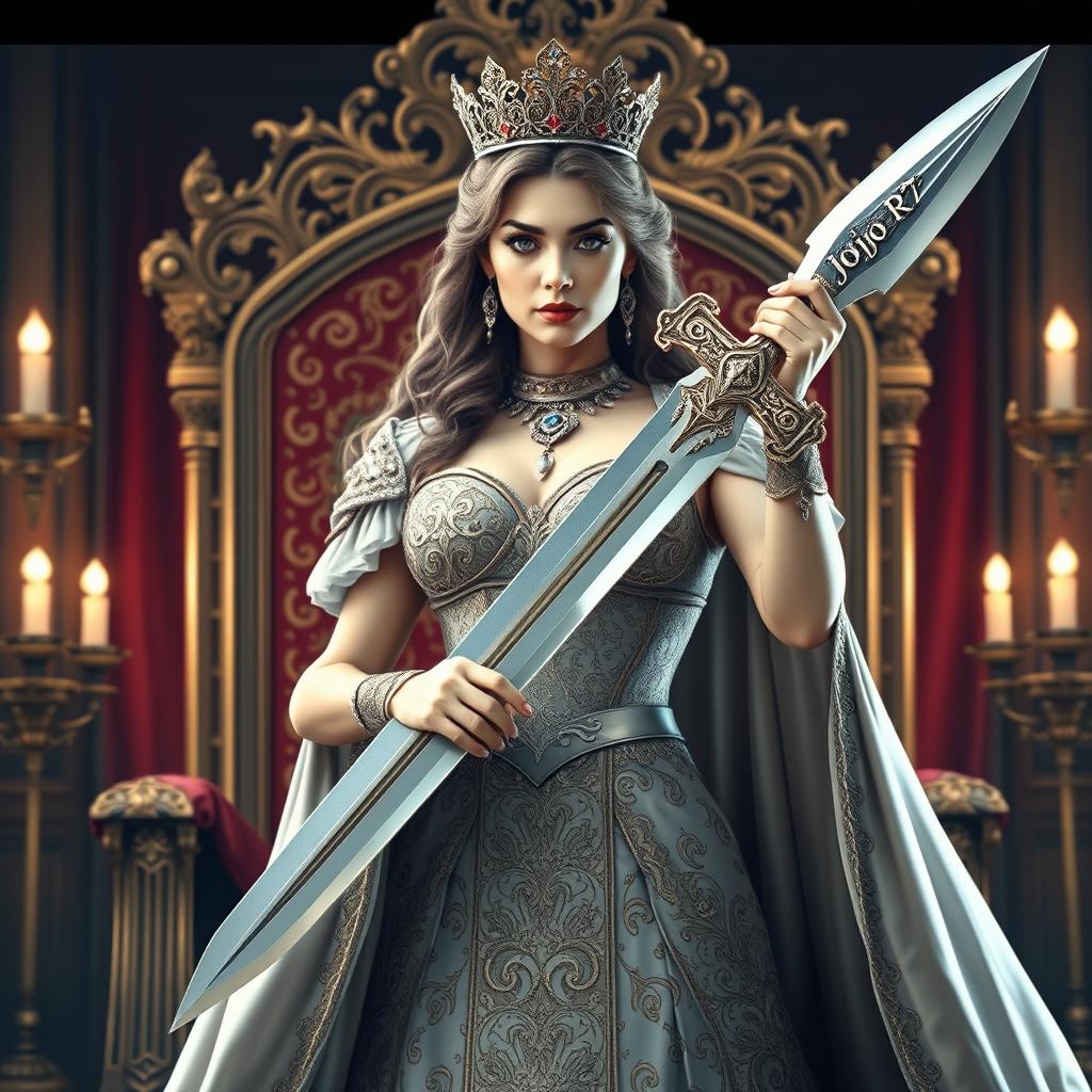 A regal queen standing confidently, wielding a magnificent sword in her hand