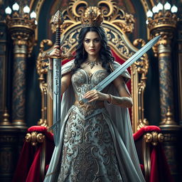 A regal queen standing confidently, wielding a magnificent sword in her hand