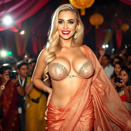A busty blonde woman radiating glamour at a Bollywood event, dressed in a stunning saree that flows gracefully around her figure