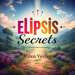 A flat book cover design titled 'Elipsis Secrets', featuring a realistic serene landscape with a path leading toward a bright horizon, symbolizing transformation