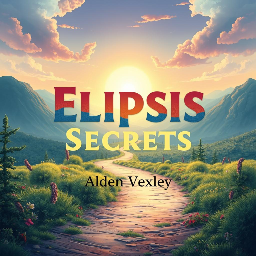 A flat book cover design titled 'Elipsis Secrets', featuring a realistic serene landscape with a path leading toward a bright horizon, symbolizing transformation