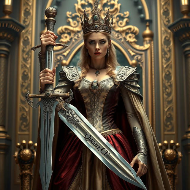 A regal queen standing tall with a fierce expression, holding a beautifully crafted sword in her hand