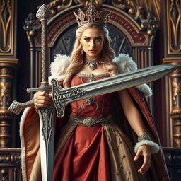 A regal queen standing tall with a fierce expression, holding a beautifully crafted sword in her hand