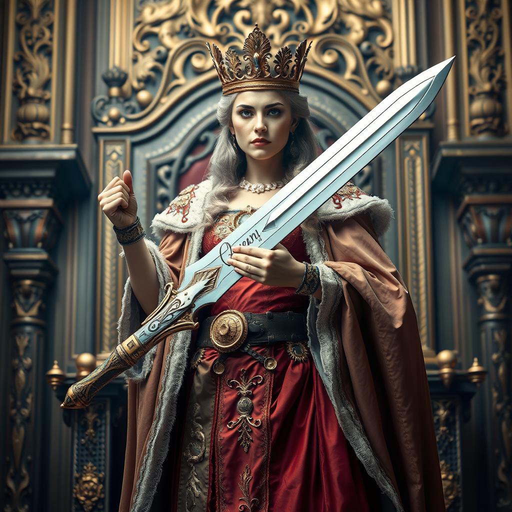 A regal queen standing tall with a fierce expression, holding a beautifully crafted sword in her hand