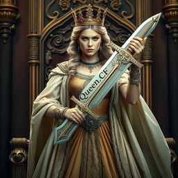 A regal queen standing tall with a fierce expression, holding a beautifully crafted sword in her hand