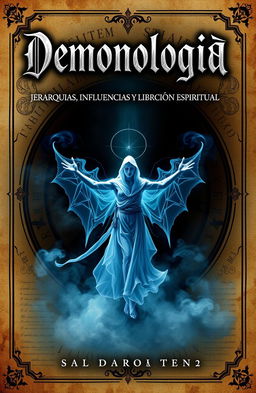 A striking book cover for 'Demonología: Jerarquías, Influencias y Liberación Espiritual', featuring a mystical and dark aesthetic