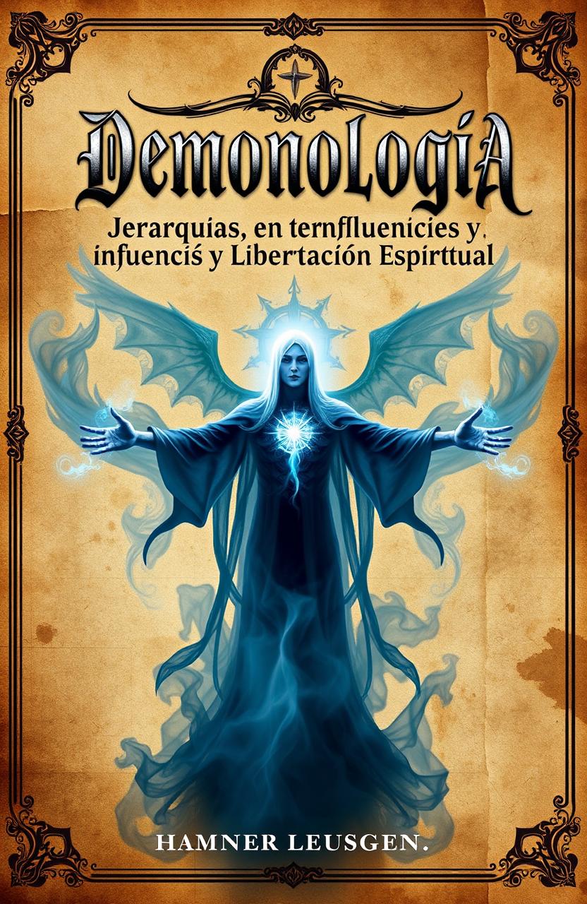 A striking book cover for 'Demonología: Jerarquías, Influencias y Liberación Espiritual', featuring a mystical and dark aesthetic