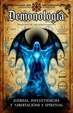 A striking book cover for 'Demonología: Jerarquías, Influencias y Liberación Espiritual', featuring a mystical and dark aesthetic