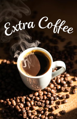 A beautifully arranged coffee cup filled with steaming hot beverage, surrounded by scattered coffee beans and seeds, prominently featuring the title 'Extra Coffee' artistically written above the cup