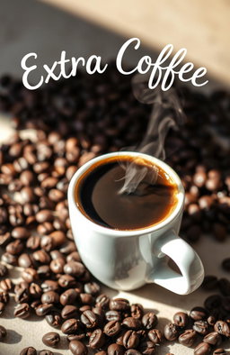 A beautifully arranged coffee cup filled with steaming hot beverage, surrounded by scattered coffee beans and seeds, prominently featuring the title 'Extra Coffee' artistically written above the cup