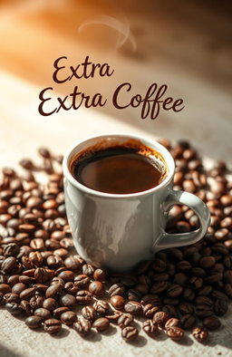 A beautifully arranged coffee cup filled with steaming hot beverage, surrounded by scattered coffee beans and seeds, prominently featuring the title 'Extra Coffee' artistically written above the cup