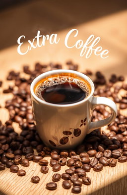 A beautifully arranged coffee cup filled with steaming hot beverage, surrounded by scattered coffee beans and seeds, prominently featuring the title 'Extra Coffee' artistically written above the cup