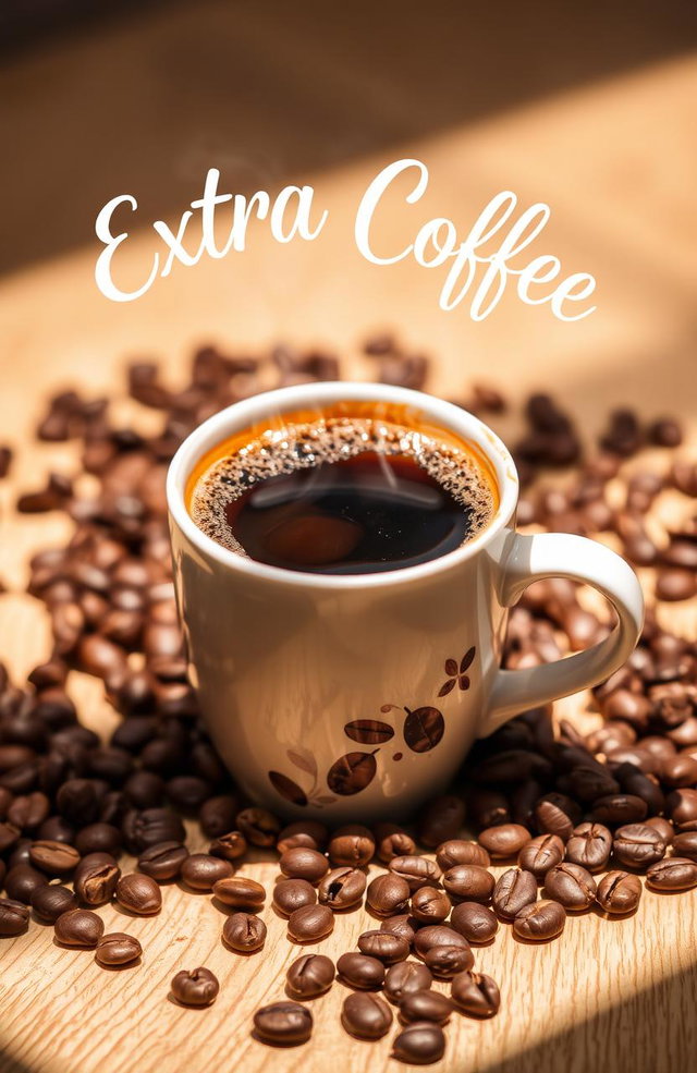 A beautifully arranged coffee cup filled with steaming hot beverage, surrounded by scattered coffee beans and seeds, prominently featuring the title 'Extra Coffee' artistically written above the cup