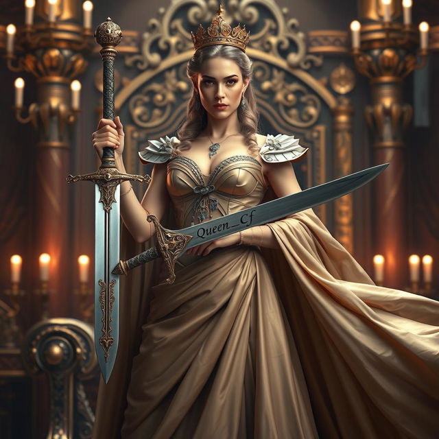 A regal queen standing with confidence, holding a beautifully designed sword in her hand