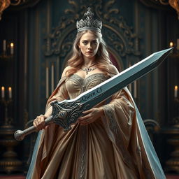 A regal queen standing with confidence, holding a beautifully designed sword in her hand