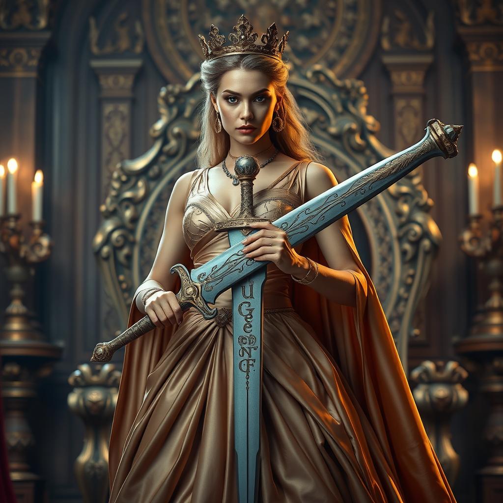 A regal queen standing with confidence, holding a beautifully designed sword in her hand