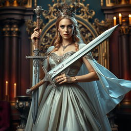 A regal queen standing with confidence, holding a beautifully designed sword in her hand