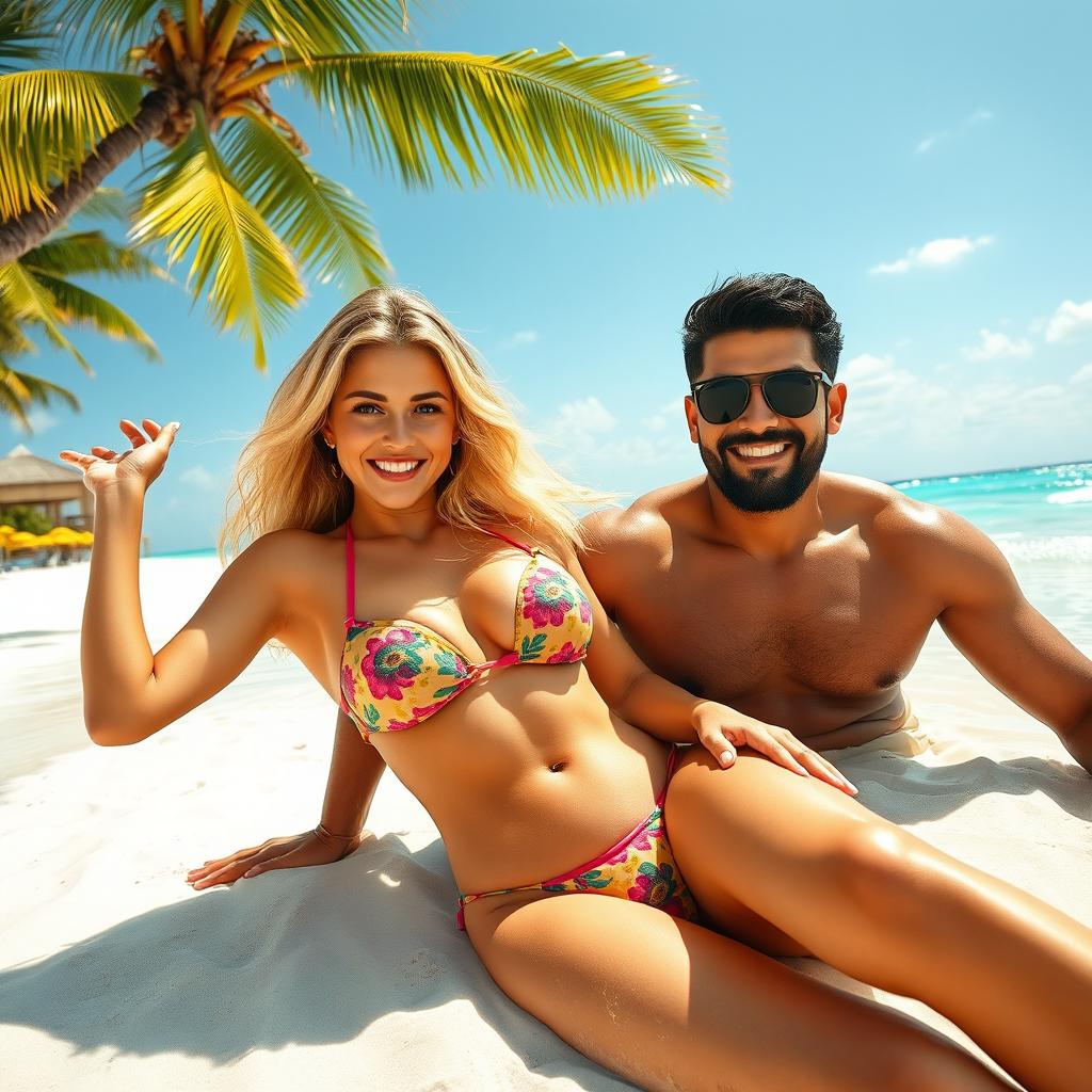 A stunning busty blonde woman in a vibrant bikini, lounging on a picturesque beach with crystal-clear waters and soft white sand