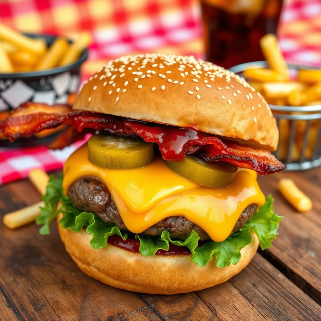 A delicious cheeseburger with crispy bacon, topped with melted cheddar cheese, fresh lettuce, juicy tomatoes, and pickles, served on a lightly toasted sesame seed bun