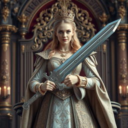 A majestic queen standing proudly, holding a beautifully crafted sword in her hand