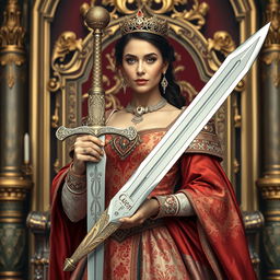A majestic queen standing proudly, holding a beautifully crafted sword in her hand