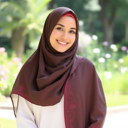 A beautiful woman wearing a hijab, standing gracefully in a serene outdoor setting, bathed in soft sunlight