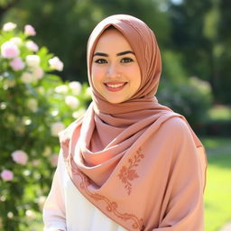 A beautiful woman wearing a hijab, standing gracefully in a serene outdoor setting, bathed in soft sunlight